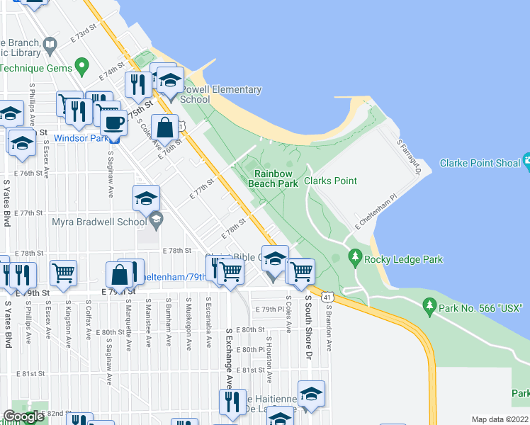 map of restaurants, bars, coffee shops, grocery stores, and more near 3017 East 78th Street in Chicago