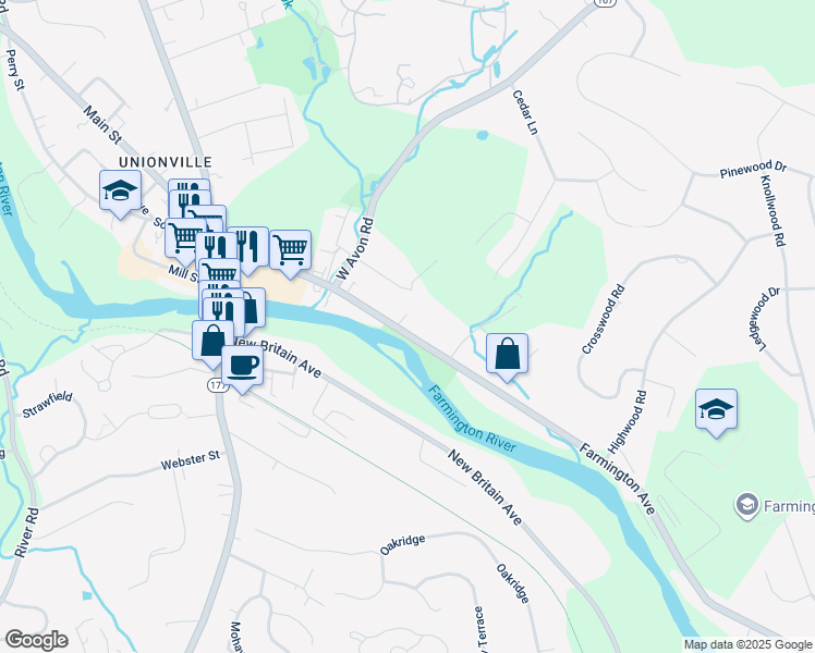map of restaurants, bars, coffee shops, grocery stores, and more near 1736 Farmington Avenue in Farmington
