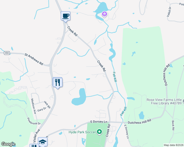 map of restaurants, bars, coffee shops, grocery stores, and more near 535 Creek Road in Poughkeepsie