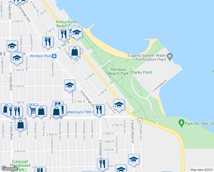 map of restaurants, bars, coffee shops, grocery stores, and more near 7770 South South Shore Drive in Chicago