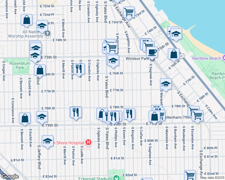 map of restaurants, bars, coffee shops, grocery stores, and more near 2418 East 77th Street in Chicago