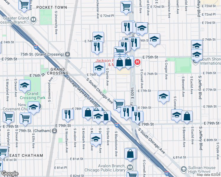 map of restaurants, bars, coffee shops, grocery stores, and more near 7645 South Dante Avenue in Chicago