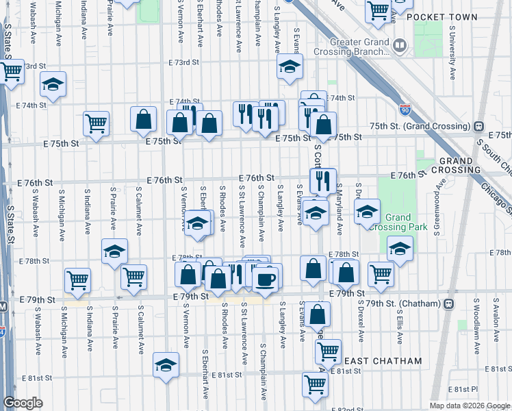 map of restaurants, bars, coffee shops, grocery stores, and more near 7636 South Champlain Avenue in Chicago