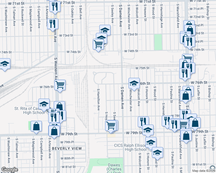 map of restaurants, bars, coffee shops, grocery stores, and more near 7604 South Seeley Avenue in Chicago