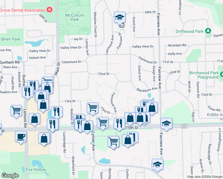 map of restaurants, bars, coffee shops, grocery stores, and more near 7230 Winthrop Way in Downers Grove
