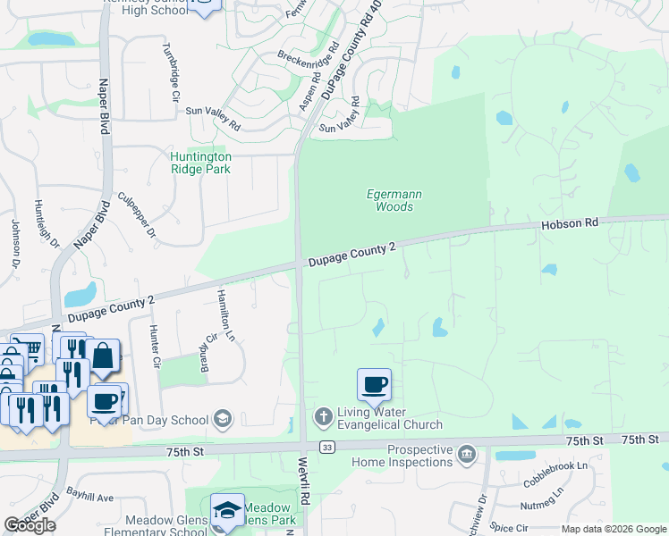 map of restaurants, bars, coffee shops, grocery stores, and more near 1167 Black Stallion Drive in Naperville