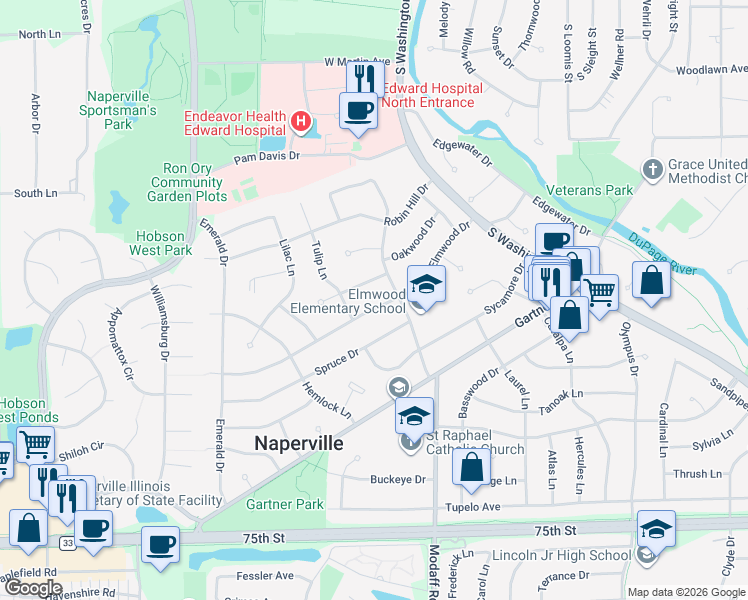 map of restaurants, bars, coffee shops, grocery stores, and more near 127 Elmwood Drive in Naperville