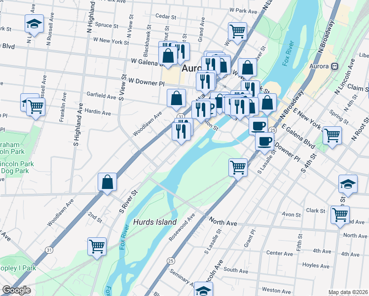 map of restaurants, bars, coffee shops, grocery stores, and more near 160 South River Street in Aurora