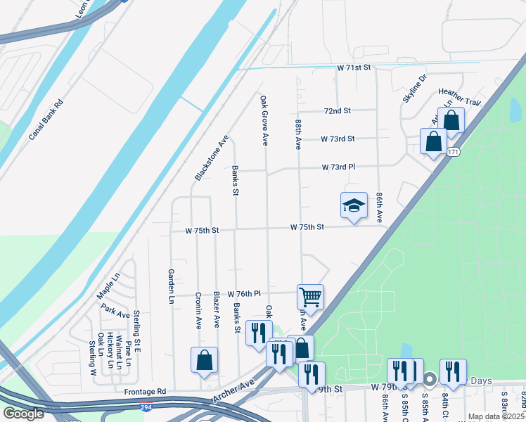map of restaurants, bars, coffee shops, grocery stores, and more near 7414 Oak Grove Avenue in Justice
