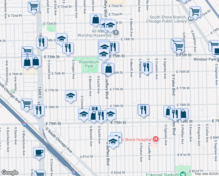 map of restaurants, bars, coffee shops, grocery stores, and more near 7651 South Jeffery Boulevard in Chicago