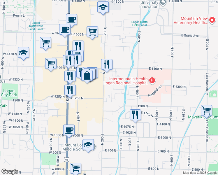 map of restaurants, bars, coffee shops, grocery stores, and more near 1282 North 200 East in Logan