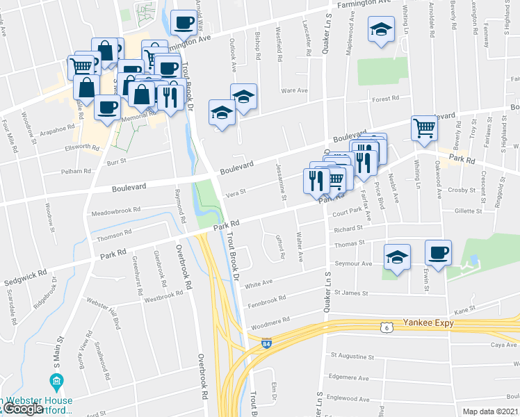 map of restaurants, bars, coffee shops, grocery stores, and more near 430 Park Road in West Hartford