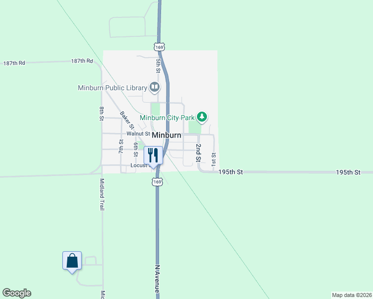 map of restaurants, bars, coffee shops, grocery stores, and more near 211 County Highway F31 in Minburn