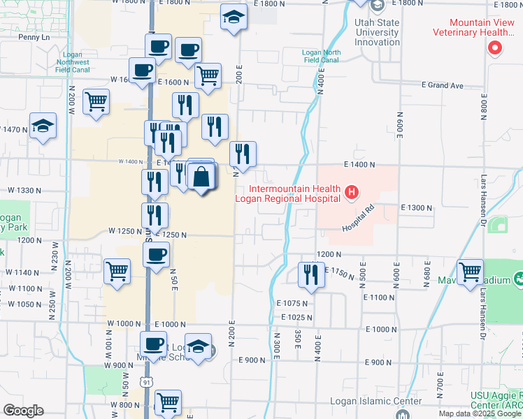 map of restaurants, bars, coffee shops, grocery stores, and more near 1282 North 200 East in Logan
