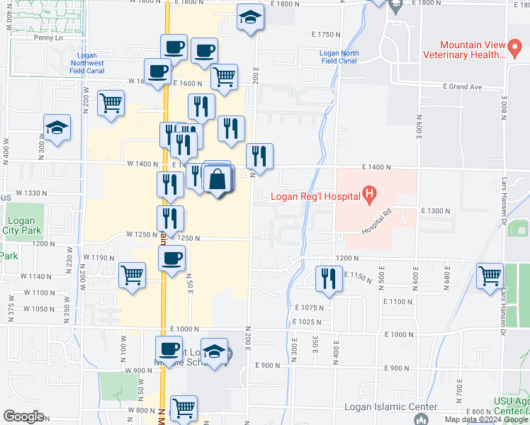 map of restaurants, bars, coffee shops, grocery stores, and more near 1300 North 200 East in Logan