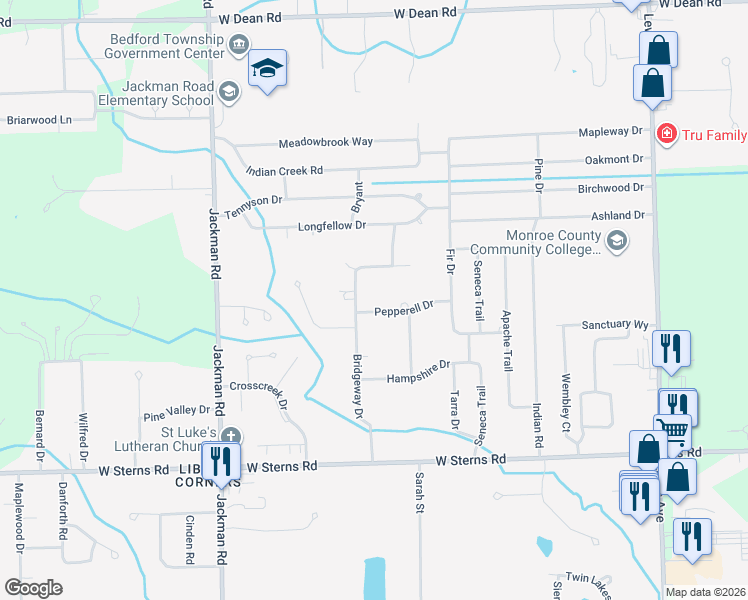 map of restaurants, bars, coffee shops, grocery stores, and more near 1460 Pepperell Drive in Temperance