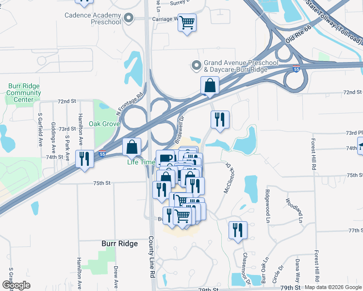 map of restaurants, bars, coffee shops, grocery stores, and more near 1000 Village Center Drive in Burr Ridge