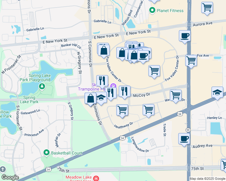 map of restaurants, bars, coffee shops, grocery stores, and more near 87 Executive Drive in Aurora