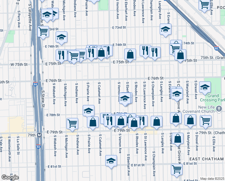 map of restaurants, bars, coffee shops, grocery stores, and more near 7639 South King Drive in Chicago