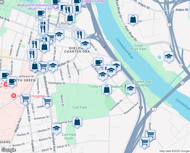 map of restaurants, bars, coffee shops, grocery stores, and more near 75 Van Block Avenue in Hartford