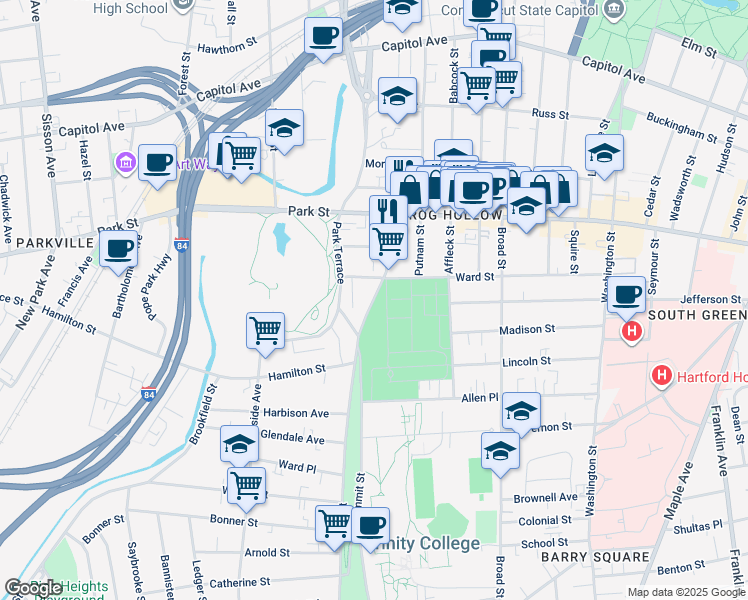 map of restaurants, bars, coffee shops, grocery stores, and more near 523 Zion St in Hartford
