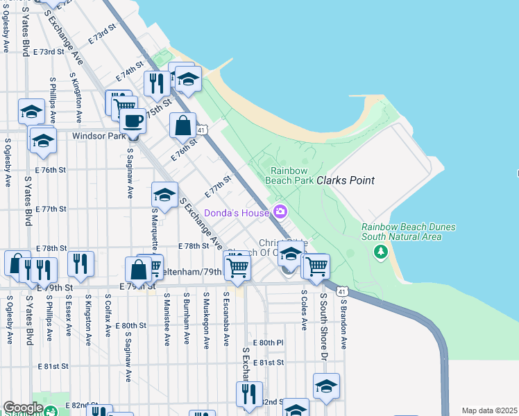 map of restaurants, bars, coffee shops, grocery stores, and more near 7770 South South Shore Drive in Chicago