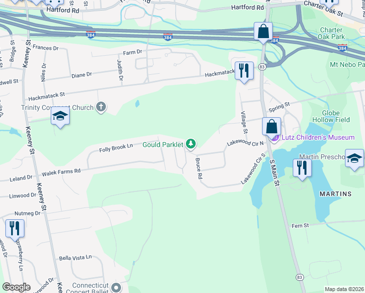 map of restaurants, bars, coffee shops, grocery stores, and more near 18 Faith Circle in Manchester