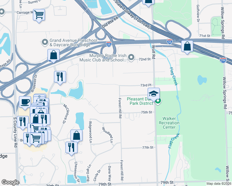 map of restaurants, bars, coffee shops, grocery stores, and more near 7406 Forest Hill Rd in Burr Ridge
