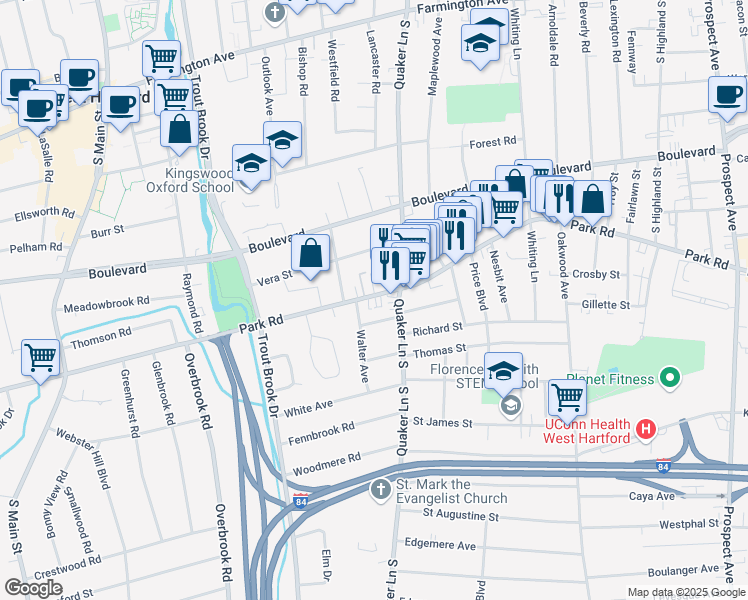 map of restaurants, bars, coffee shops, grocery stores, and more near 369 Park Road in West Hartford