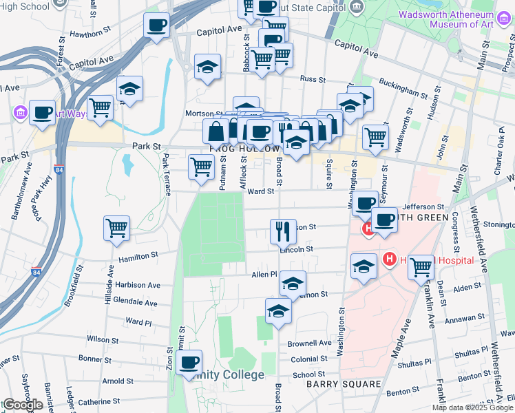 map of restaurants, bars, coffee shops, grocery stores, and more near 326 Jefferson Street in Hartford