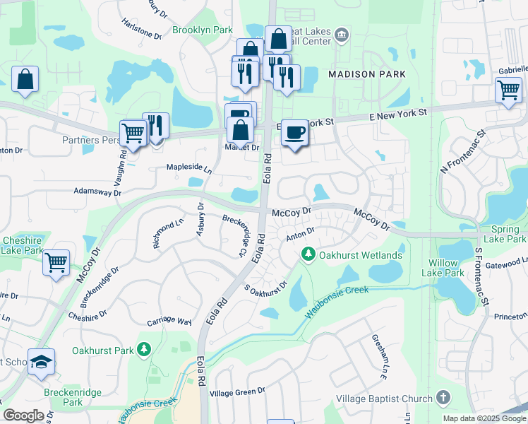 map of restaurants, bars, coffee shops, grocery stores, and more near N Eola Rd & McCoy Dr in Aurora