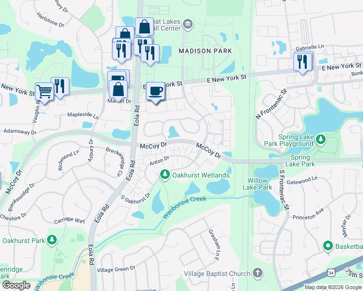 map of restaurants, bars, coffee shops, grocery stores, and more near 3194 Anton Drive in Aurora