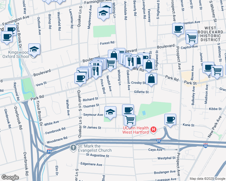 map of restaurants, bars, coffee shops, grocery stores, and more near 56 Nesbit Avenue in West Hartford