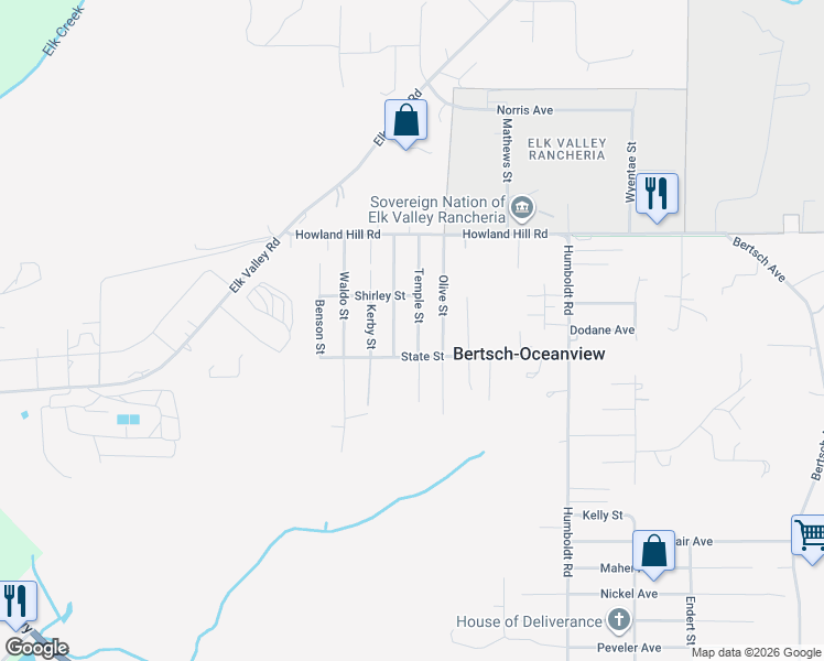 map of restaurants, bars, coffee shops, grocery stores, and more near 230 Temple Street in Crescent City