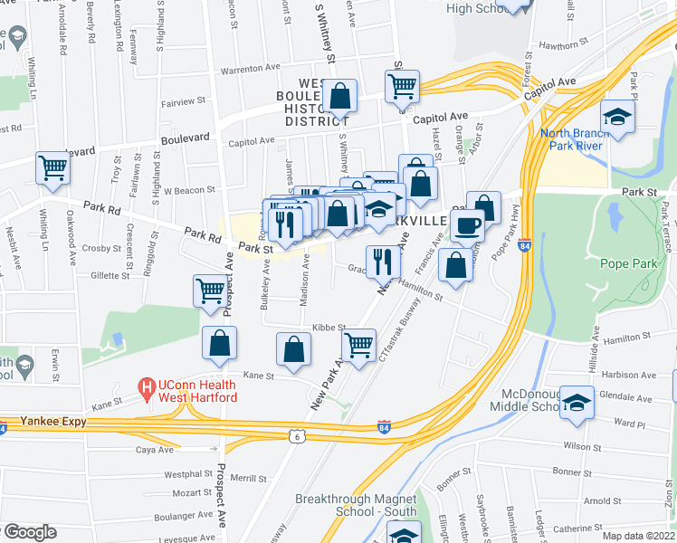 map of restaurants, bars, coffee shops, grocery stores, and more near 16 Greenwood Street in Hartford