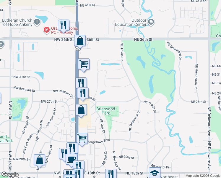 map of restaurants, bars, coffee shops, grocery stores, and more near 415 Northeast Pinehurst Circle in Ankeny