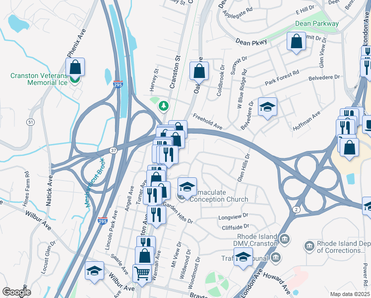 map of restaurants, bars, coffee shops, grocery stores, and more near 630 Oaklawn Avenue in Cranston