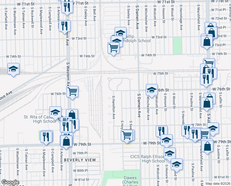 map of restaurants, bars, coffee shops, grocery stores, and more near 7605 South Hamilton Avenue in Chicago