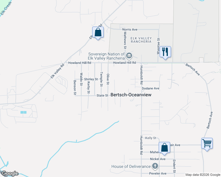 map of restaurants, bars, coffee shops, grocery stores, and more near 233 Olive Street in Crescent City