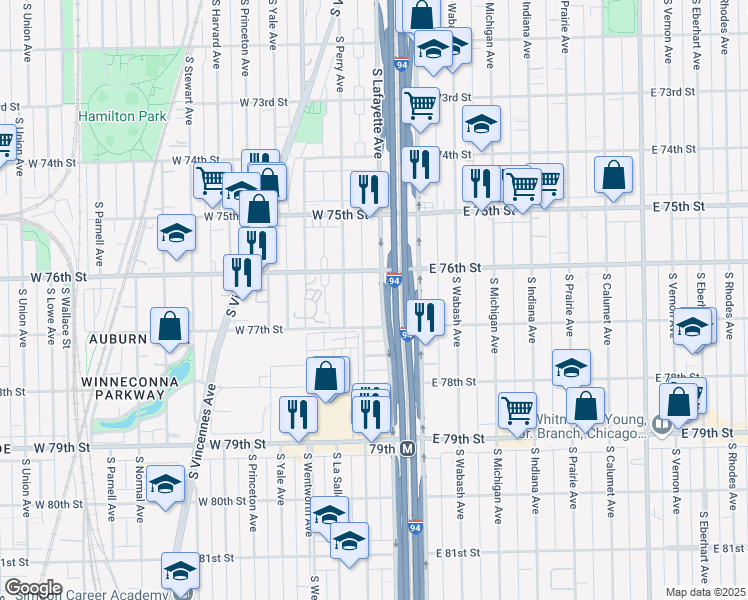map of restaurants, bars, coffee shops, grocery stores, and more near 7630 South Lafayette Avenue in Chicago