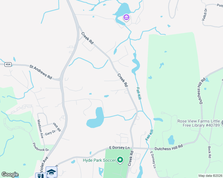 map of restaurants, bars, coffee shops, grocery stores, and more near 535 Creek Road in Poughkeepsie