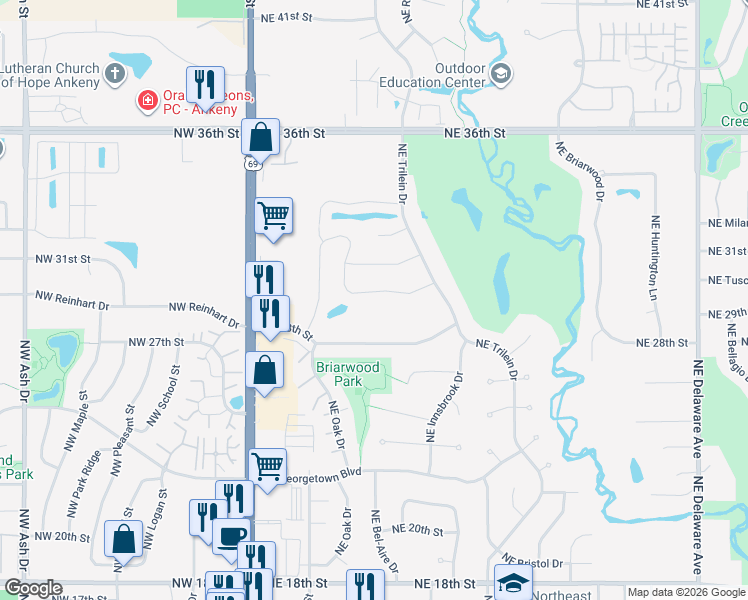 map of restaurants, bars, coffee shops, grocery stores, and more near 415 Northeast Pinehurst Circle in Ankeny