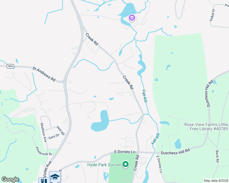 map of restaurants, bars, coffee shops, grocery stores, and more near 535 Creek Road in Poughkeepsie