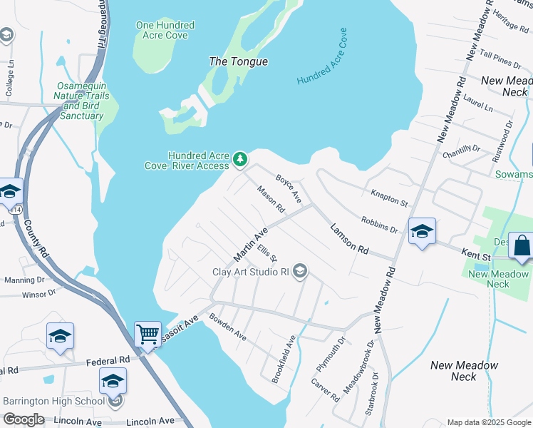 map of restaurants, bars, coffee shops, grocery stores, and more near 3 Meadow Circle in Barrington