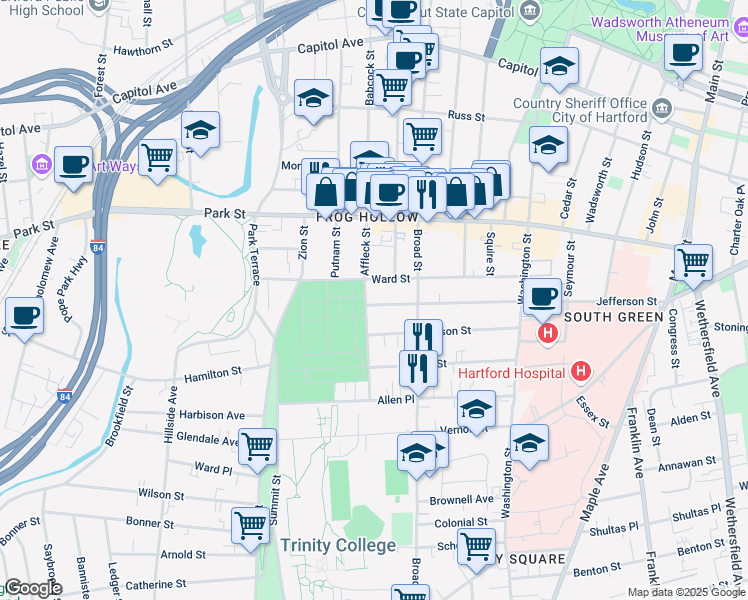 map of restaurants, bars, coffee shops, grocery stores, and more near 326 Jefferson Street in Hartford