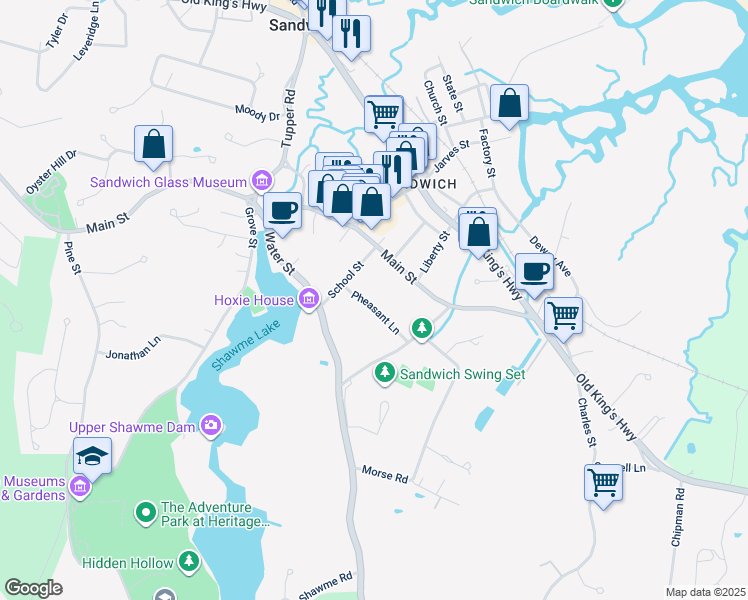 map of restaurants, bars, coffee shops, grocery stores, and more near 3 Pheasant Lane in Sandwich