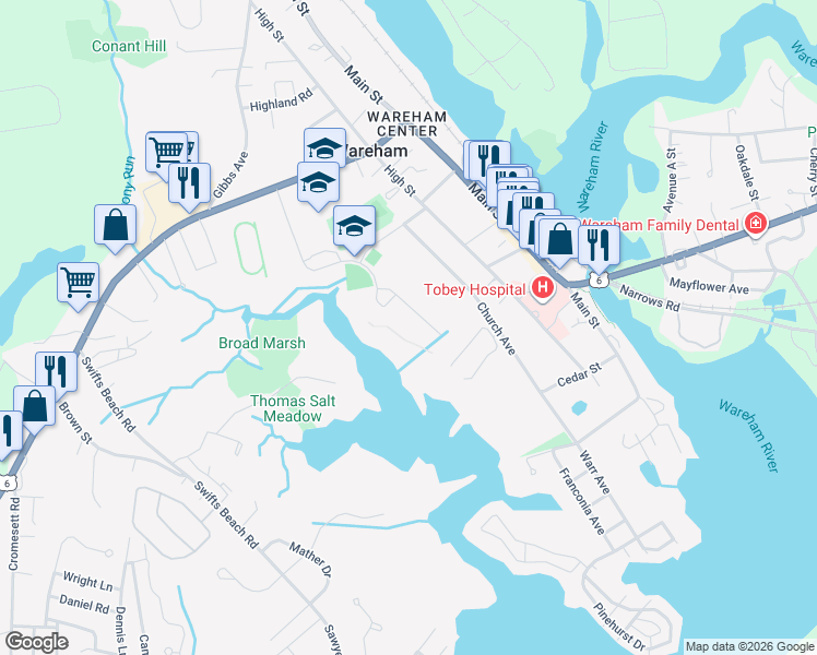 map of restaurants, bars, coffee shops, grocery stores, and more near 7 Viking Drive in Wareham