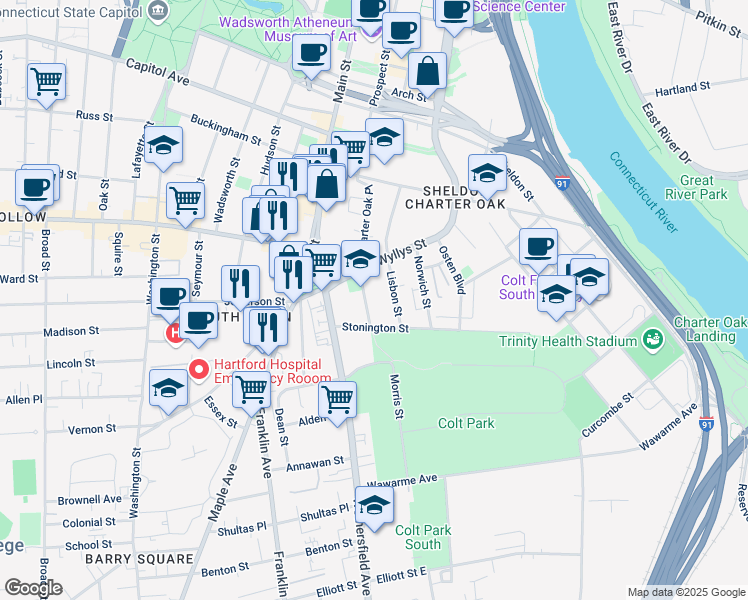 map of restaurants, bars, coffee shops, grocery stores, and more near 26 Groton Street in Hartford