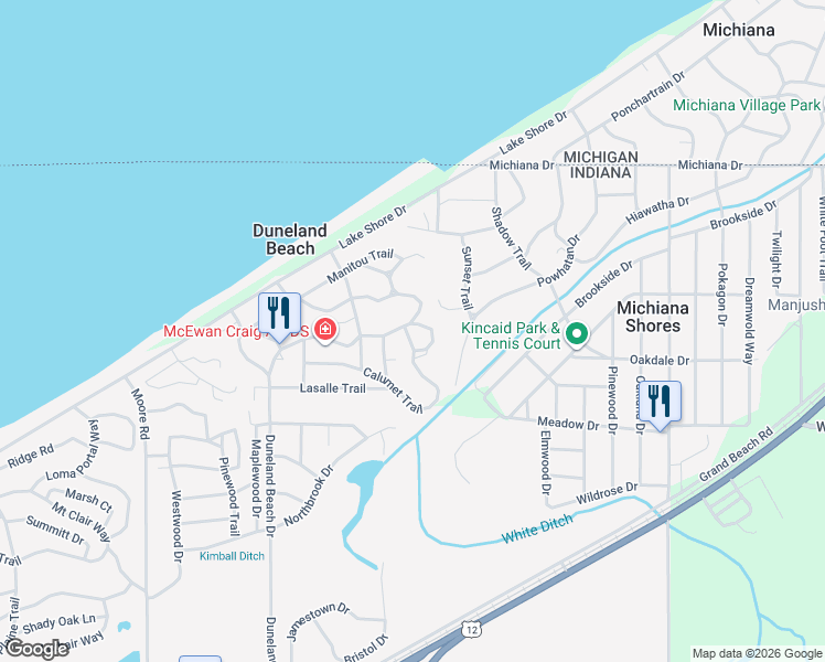 map of restaurants, bars, coffee shops, grocery stores, and more near 3539 Calumet Trail in Michigan City