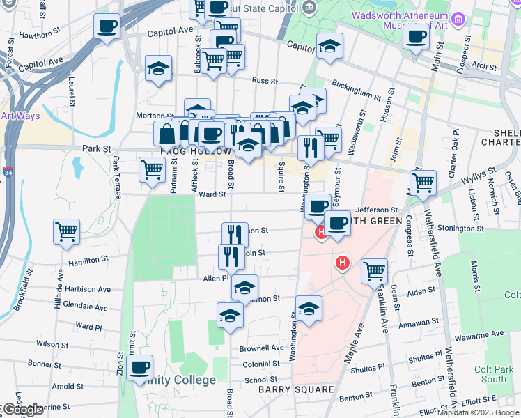 map of restaurants, bars, coffee shops, grocery stores, and more near 240 Jefferson Street in Hartford